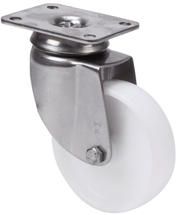 ALEX - RUEDA GIRATORIA.PLACA INOX.10BHI80-SL PLASTICO BLANCO EJE LISO