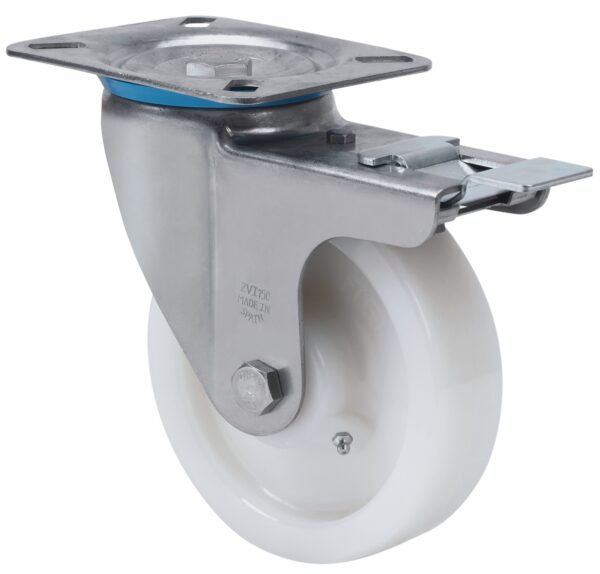 ALEX - RUEDA GIRATORIA.PLACA FRENO INOX.10ZVLIFD80-FT NYLON BLANCO EXTRAFUERTE LISO