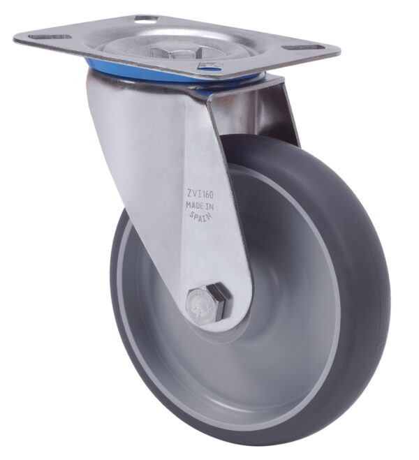 ALEX - RUEDA GIRATORIA.PLACA INOX.10ZVLI125-PGZN POLIAMIX-GOMA GRIS INYECT.EJE LISO