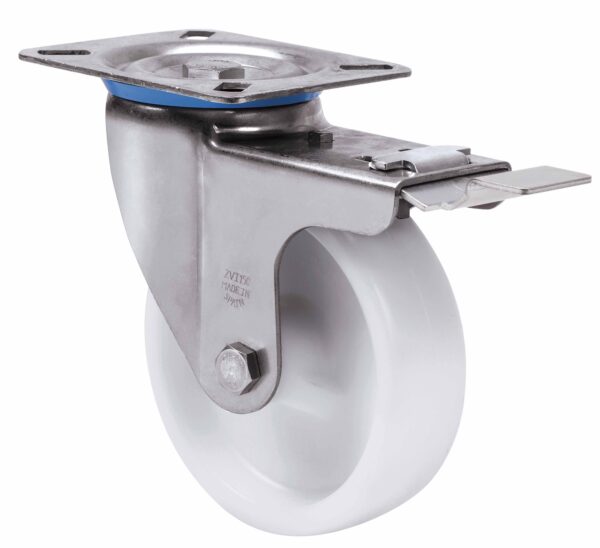 ALEX - RUEDA GIRATORIA.PLACA FRENO INOX.10ZVLIFD80-UT POLIAMIX BLANCO EJE LISO