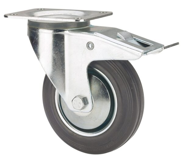 ALEX - RUEDA GIRATORIA.PLACA FRENO 120-125-3 CP METALICO-GOMA NEGRA EJE RODILLOS