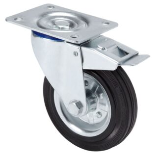 ALEX - RUEDA GIRATORIA.PLACA FRENO 125-160-3 METALICO-GOMA NEGRA EJE RODILLOS
