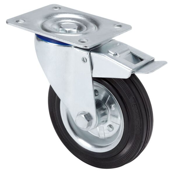 ALEX - RUEDA GIRATORIA.PLACA FRENO 125-160-3 METALICO-GOMA NEGRA EJE RODILLOS