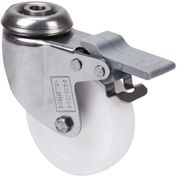 ALEX - RUEDA GIRATORIA.AGUJERO M10 FRENO INOX.20BHIFD80-SL PLASTICO BLANCO EJE LISO