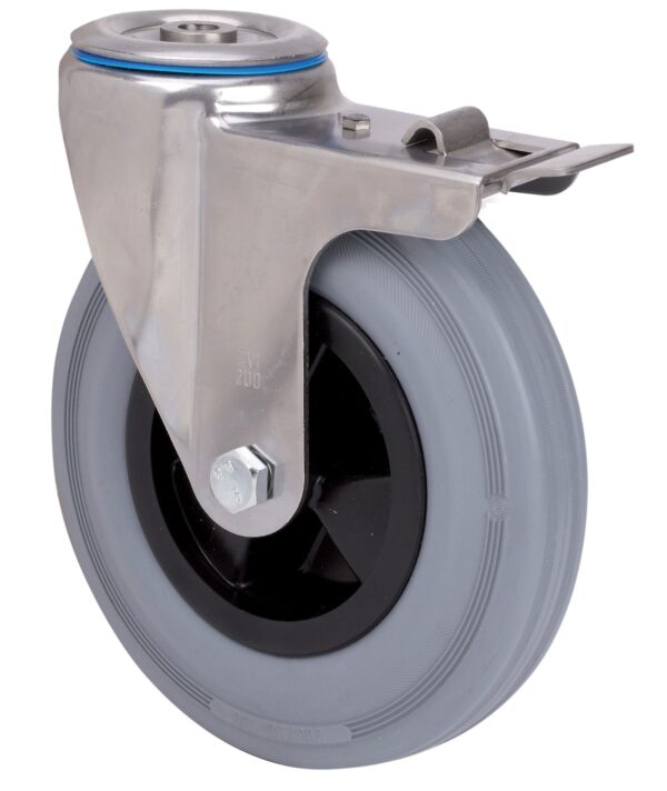 ALEX - RUEDA GIRATORIA.AGUJERO M12 FRENO INOX.20ZVIFD160-PSN POLIAMIX-GOMA GRIS LISO