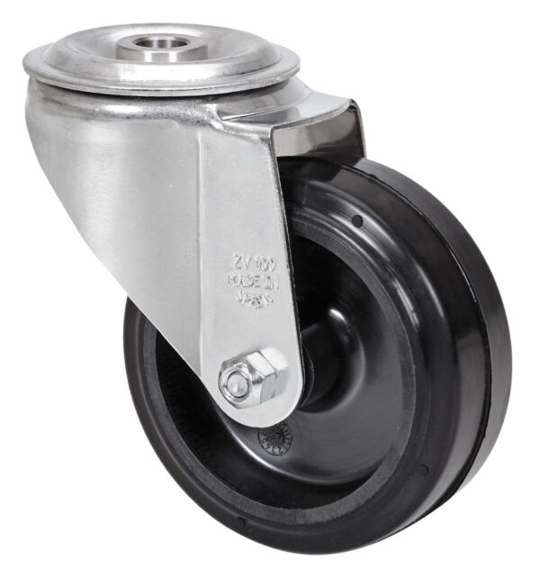 ALEX - RUEDA GIRATORIA.AGUJERO M10 INOX.20ZVLI100-THG GOMA NEGRA TECNOPOLIMERO LISO