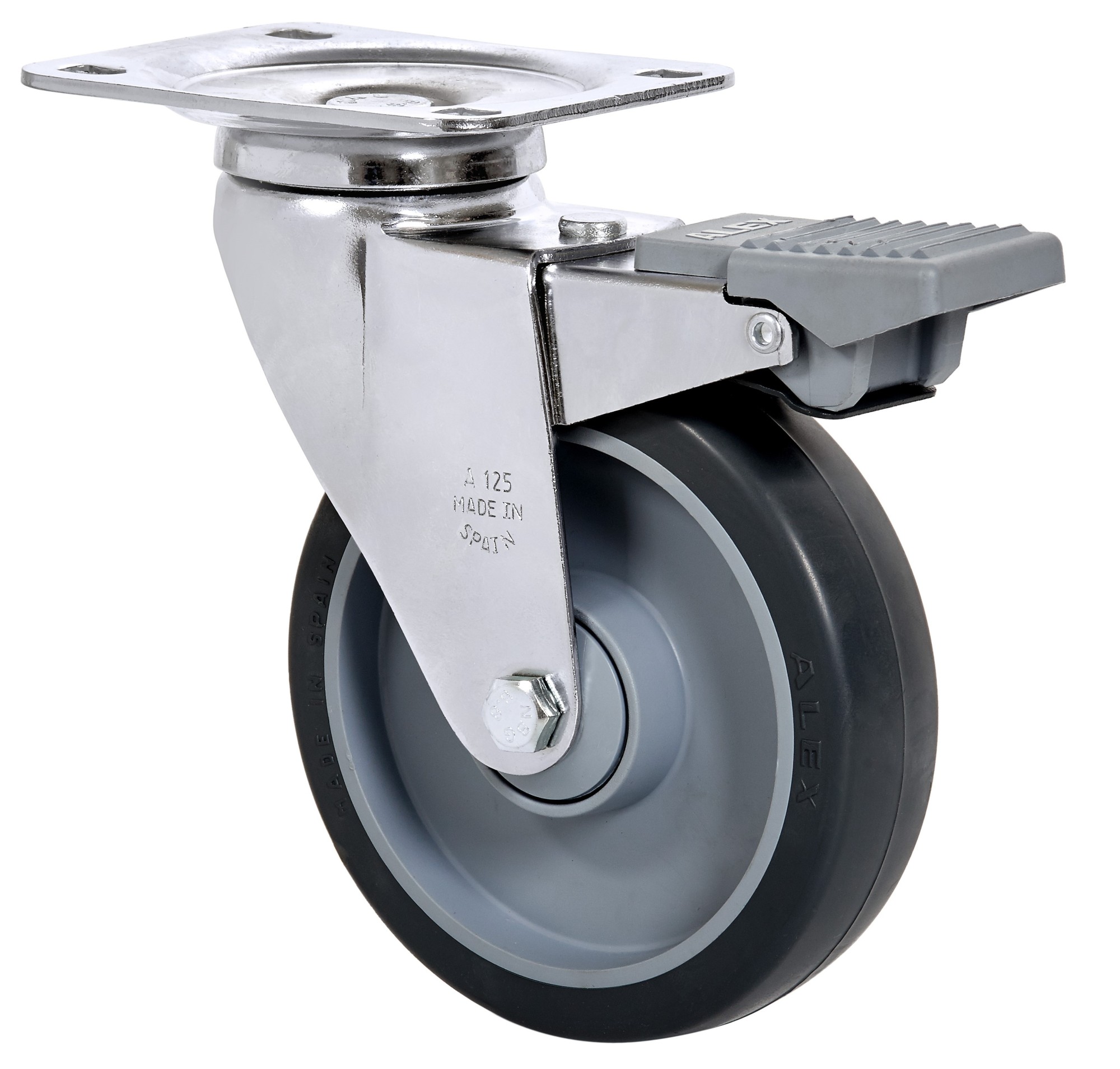 ALEX - RUEDA GIRATORIA.PLACA FRENO CROMADA 10AFD100CP-PGAISB GOMA GRIS EJE BOLAS