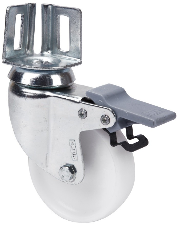 ALEX - RUEDA GIRATORIA.PLETINA ANGULAR FRENO 16BHFD80-SL PLASTICO BLANCO EJE LISO