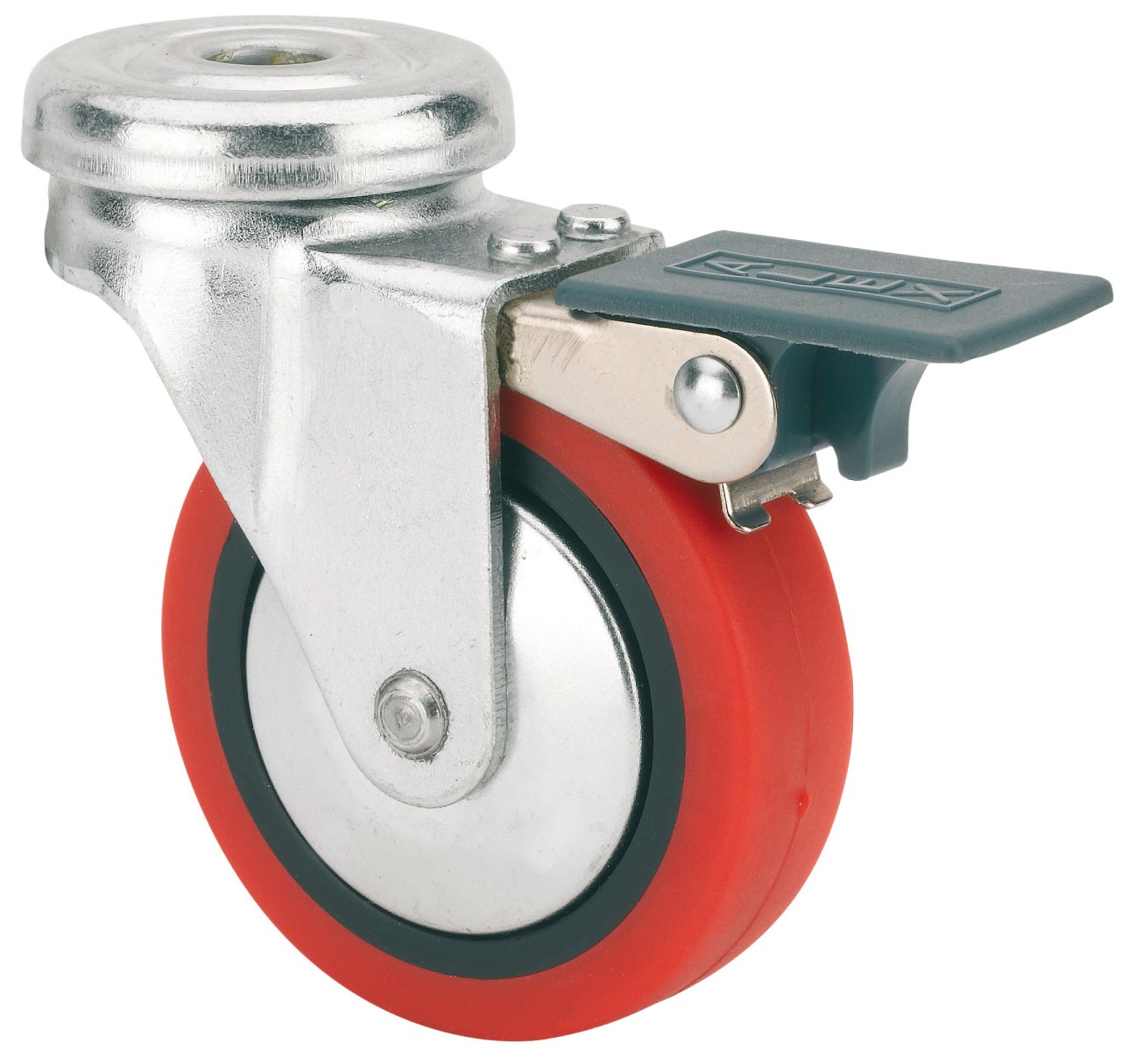 ALEX - RUEDA GIRATORIA.AGUJERO M8 FRENO 21BSRFN40-PPI POLIAMIX-POLIUR.ROJO EJE LISO