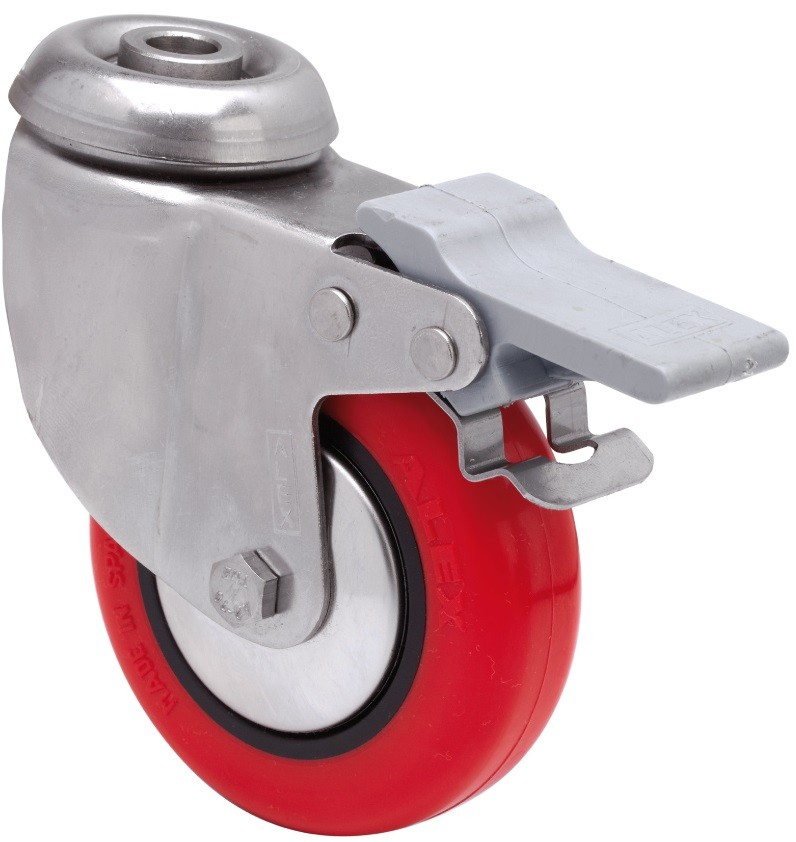 ALEX - RUEDA GIRATORIA.AGUJ.M10 FRENO INOX.20BHIFD100CP-PPI POLIAMIX-POLIUR.ROJO LISO