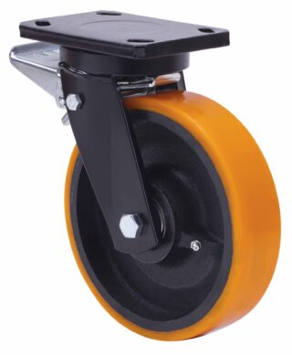 ALEX - RUEDA GIRATORIA.PLACA FRENO 10HLBFD250E-HUB HIERRO-POLIUR.NARANJA EJE BOLAS