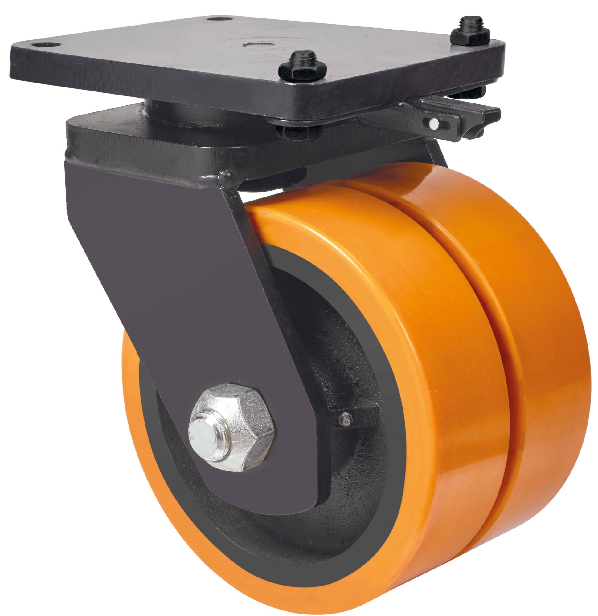 ALEX - RUEDA GIRATORIA.PLACA MEC.DIR.10HLRMD300-HUB HIERRO-POLIUR.NARANJA(DOBLE)BOLAS