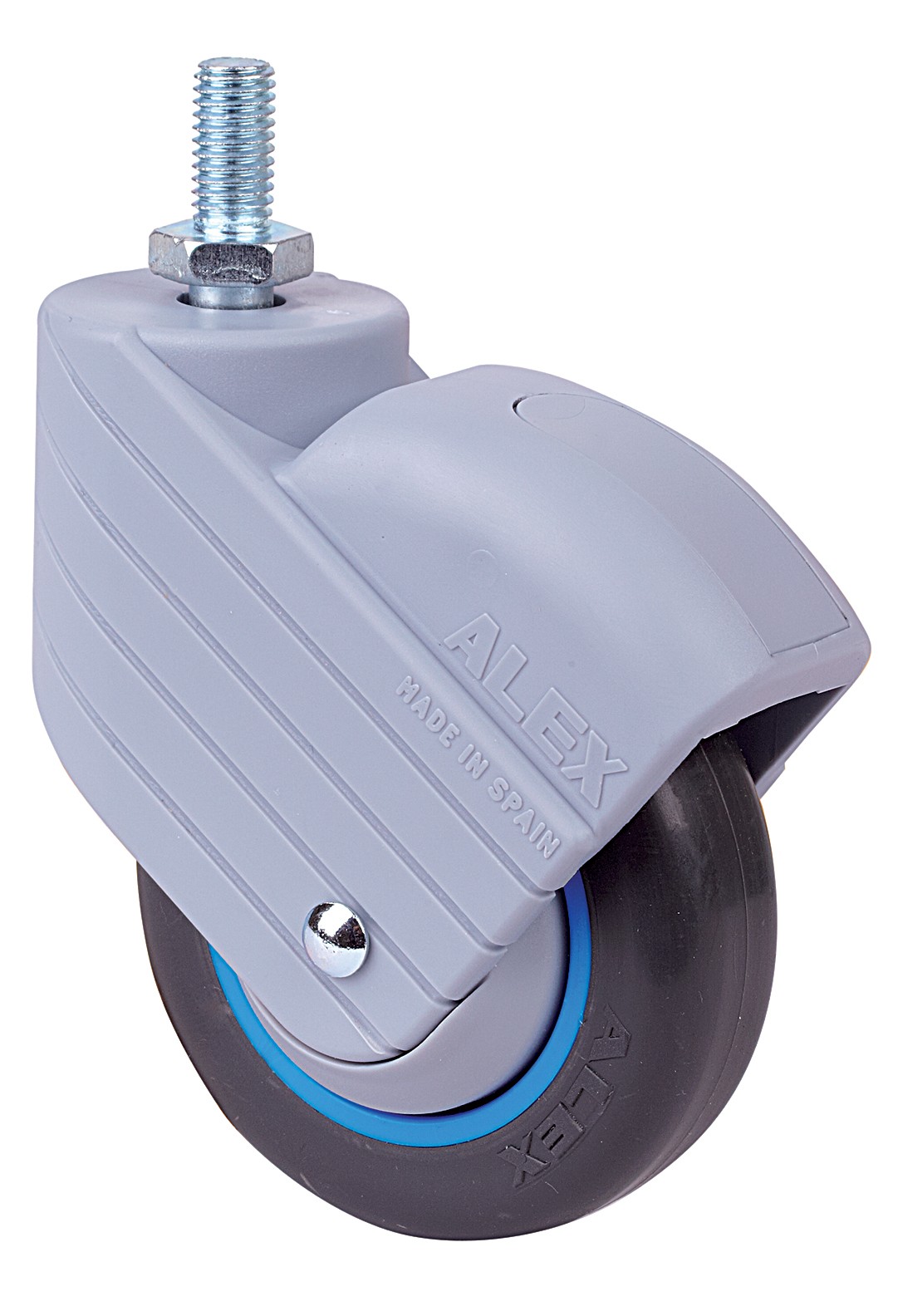 ALEX - RUEDA GIRATORIA.ESPIGA ROSC.M10x20 AZUL 50HP80CP-PGI POLIAMIX-GOMA NEGRA LISO