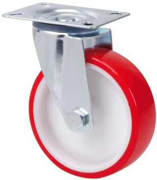 ALEX - RUEDA GIRATORIA.PLACA 140.1-200-1 NYLON BLANCO-POLIUR.ROJO EJE LISO