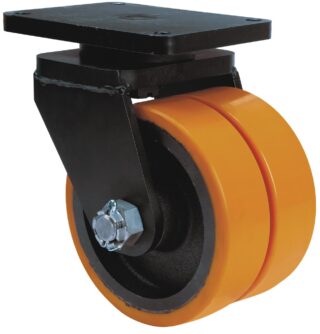 ALEX - RUEDA GIRATORIA.PLACA 10HLR300-HUB HIERRO-POLIUR.NARANJA(DOBLE) EJE BOLAS