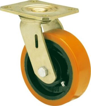 ALEX - RUEDA GIRATORIA.PLACA 10SL150-HUB HIERRO-POLIUR.NARANJA EJE BOLAS