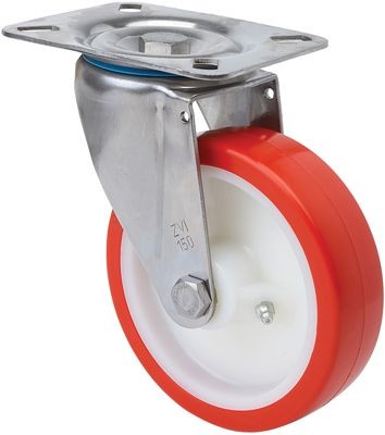 ALEX - RUEDA GIRATORIA.PLACA INOX.10ZVLI100-PO NYLON BLANCO-POLIUR.ROJO EJE LISO