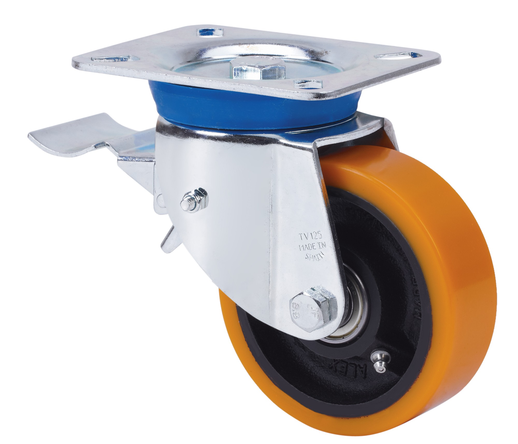 ALEX - RUEDA GIRATORIA.PLACA FRENO 10TVFD125-HUB HIERRO-POLIUR.NARANJA EJE BOLAS