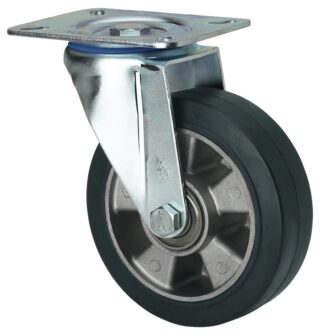 ALEX - RUEDA GIRATORIA.PLACA 10ZV125-DEB ALUMINIO-GOMA NEGRA ELASTICA EJE BOLAS