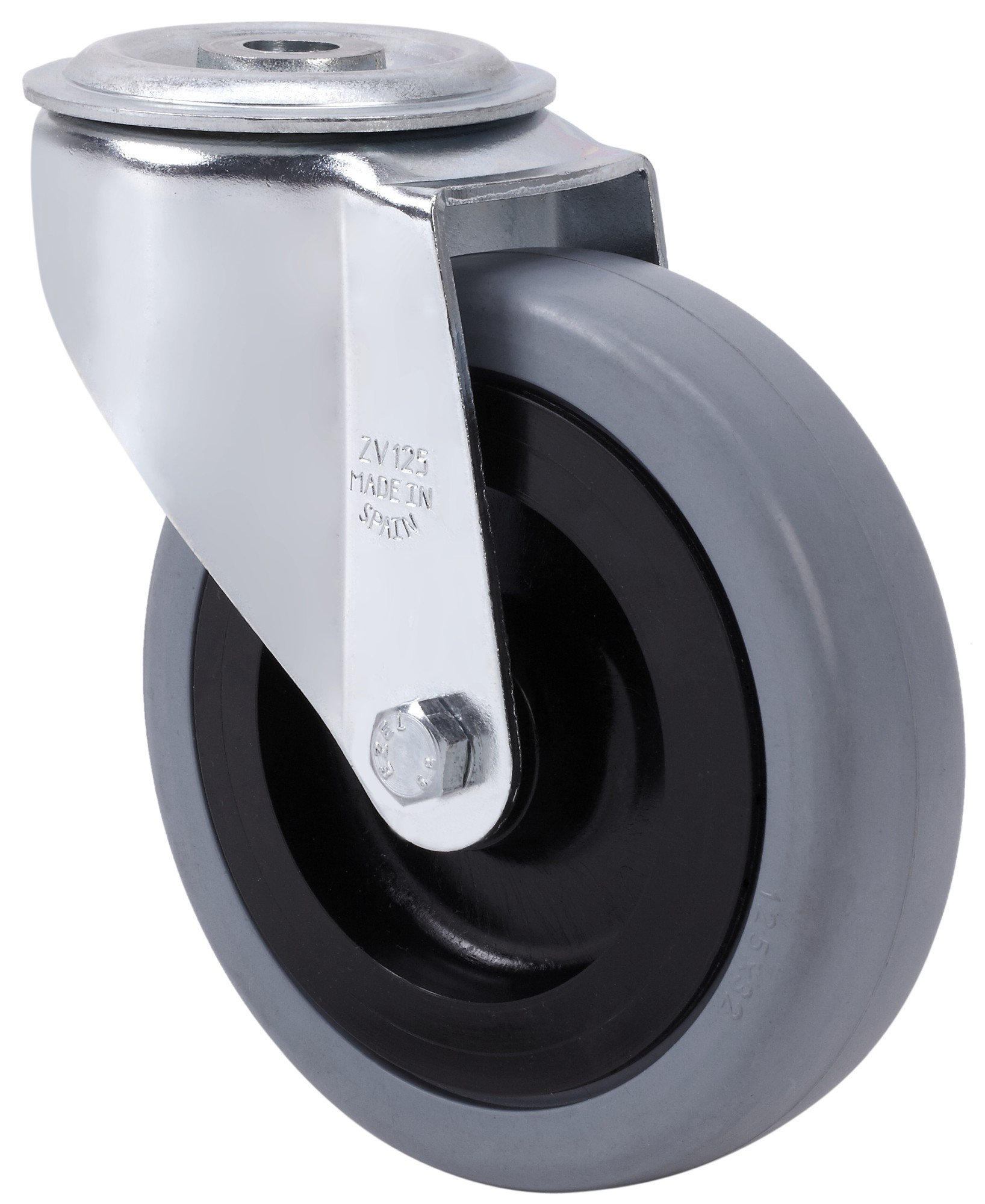 ALEX - RUEDA GIRATORIA.AGUJERO M12 INOX.20ZVI125-PGAN POLIAMIX-GOMA GRIS EJE LISO