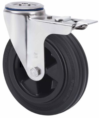 ALEX - RUEDA GIRATORIA.AGUJERO M10 FRENO INOX.20ZVLIFD80-PSN POLIAMIX-GOMA NEGRA LISO