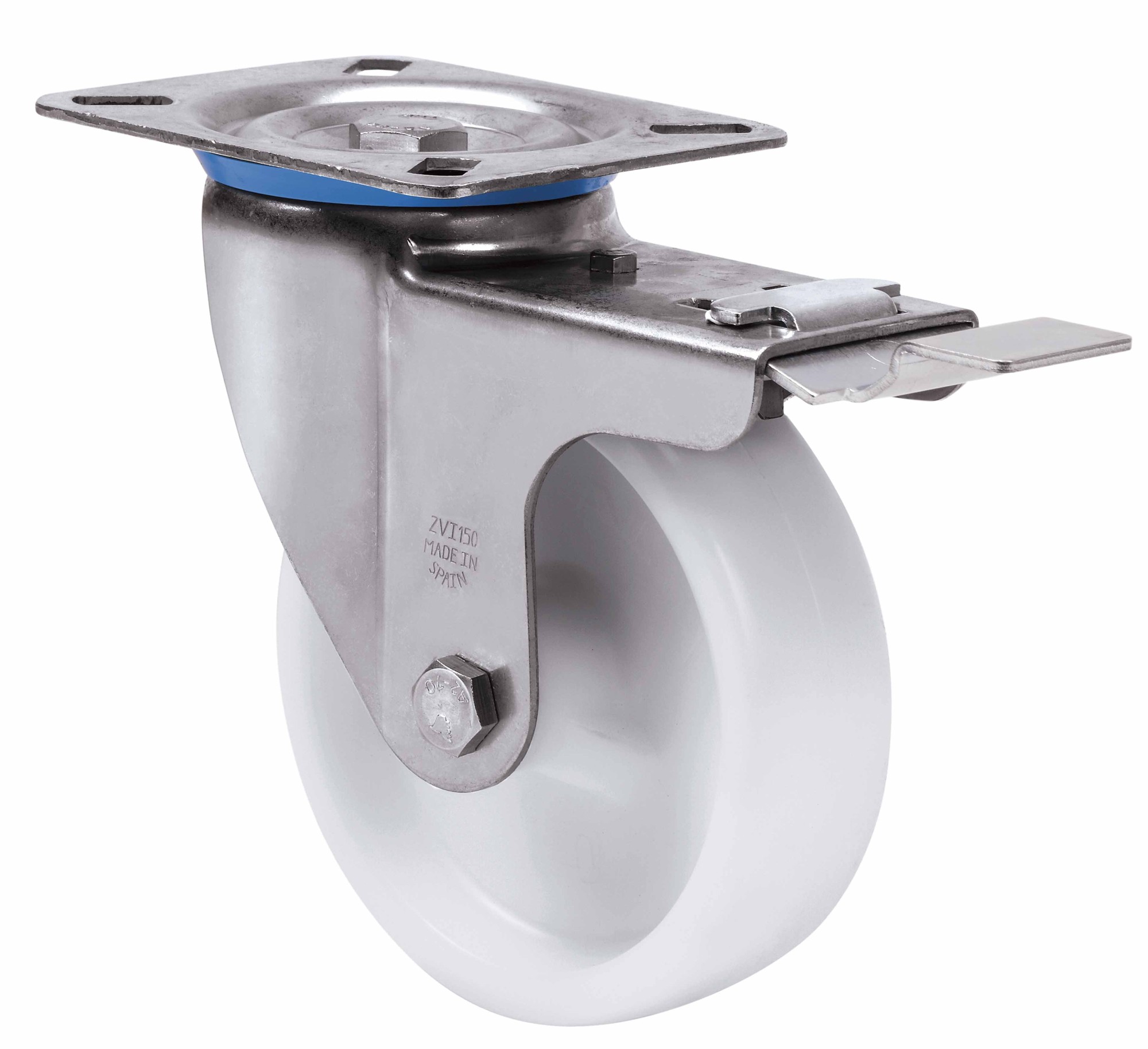 ALEX - RUEDA GIRATORIA.PLACA FRENO INOX.10ZVLIFD100-UT POLIAMIX BLANCO EJE LISO