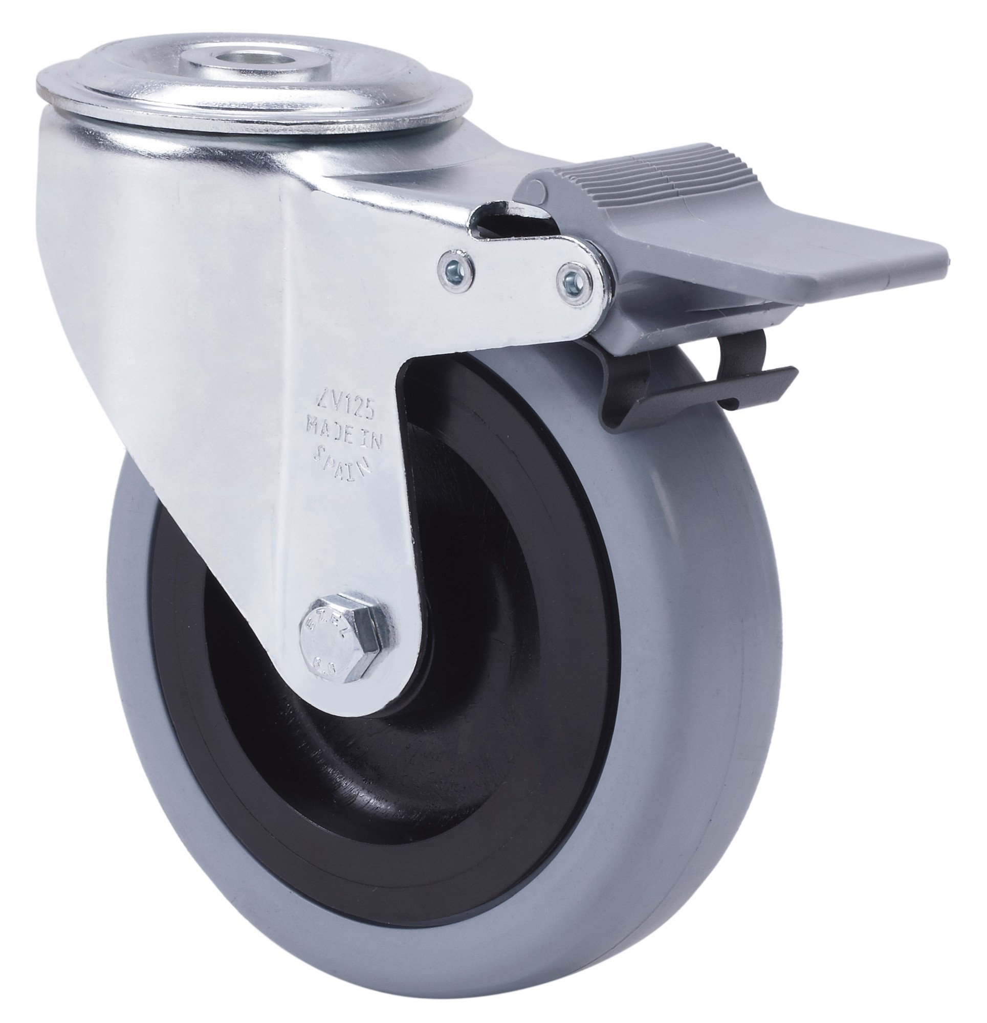 ALEX - RUEDA GIRATORIA.AGUJERO M12 FRENO 20ZVFD125-PGAN POLIAMIX-GOMA GRIS EJE LISO