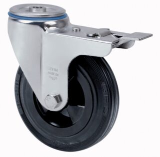 ALEX - RUEDA GIRATORIA.AGUJERO M12 FRENO 20ZVLFD150-PSN POLIAMIX-GOMA NEGRA EJE LISO