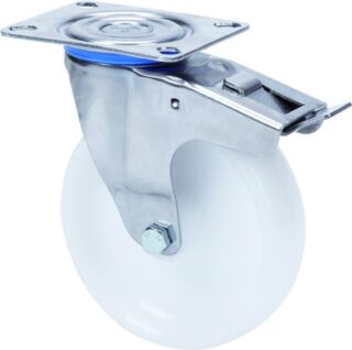 ALEX - RUEDA GIRATORIA.PLACA FRENO INOX.10ZLIFD125-UT POLIAMIX BLANCO EJE LISO