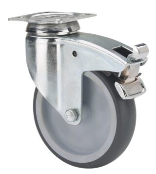 ALEX - RUEDA GIRATORIA.PLACA FRENO 301-125-3 POLIAMIX-GOMA GRIS EJE LISO