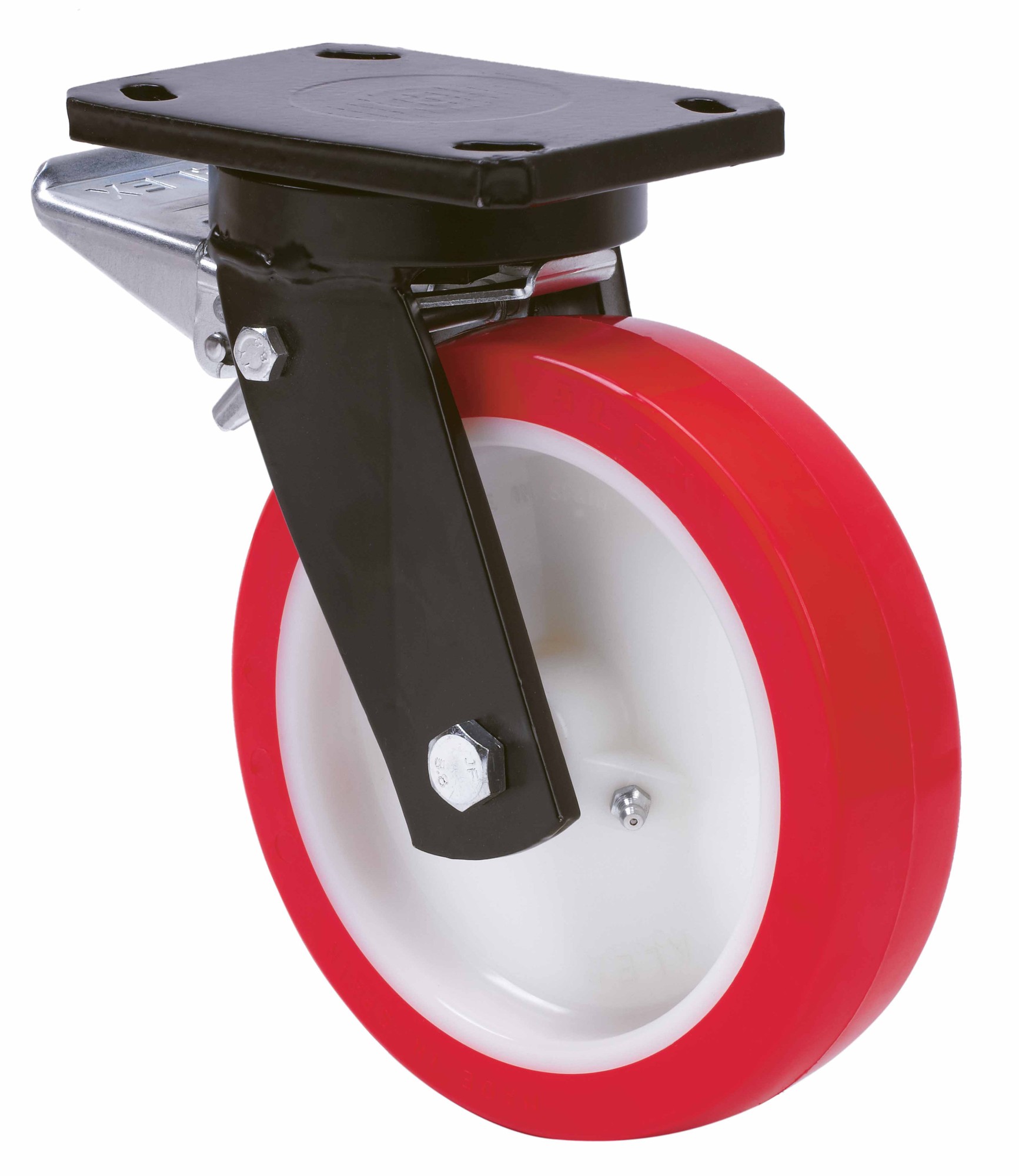 ALEX - RUEDA GIRATORIA.PLACA FRENO 10HLBFD150-PO NYLON BLANCO-POLIUR.ROJO EJE LISO