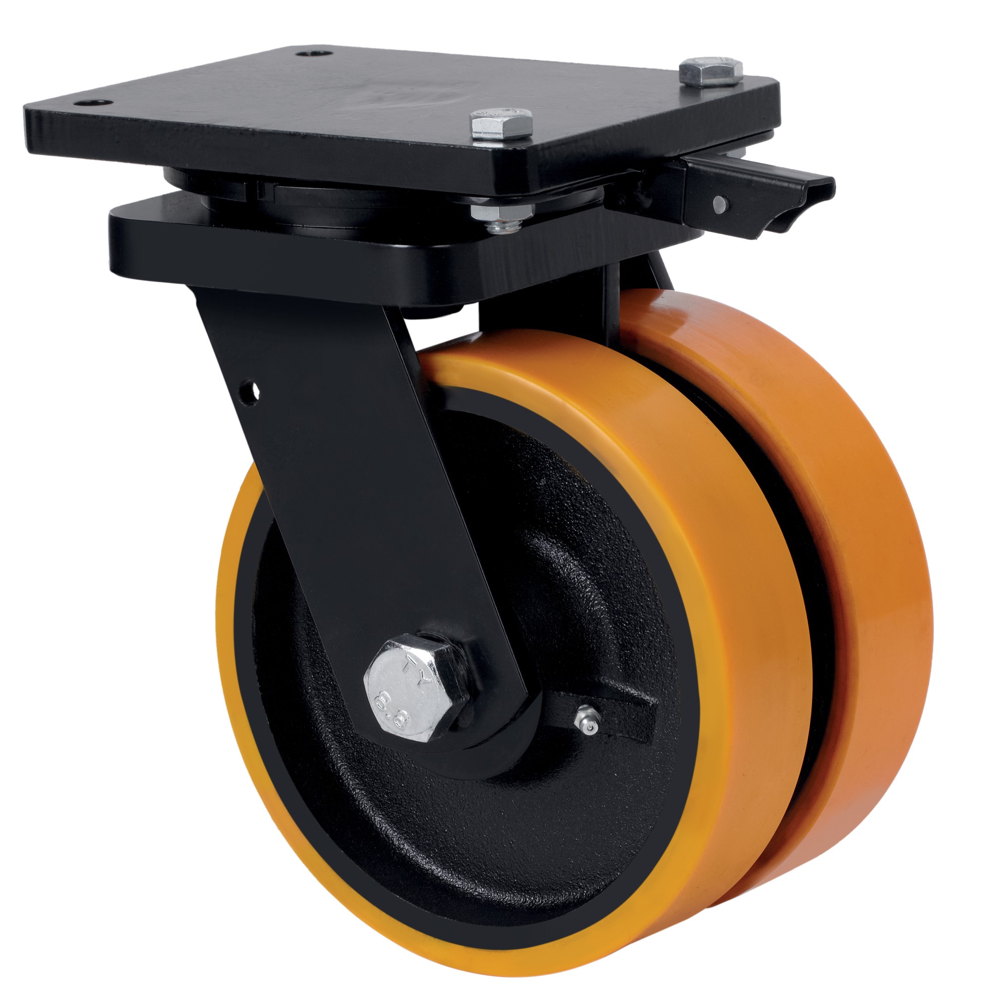 ALEX - RUEDA GIRATORIA.PLACA MEC.DIR.10HLGMD250-HUB HIERRO-POLIUR.NARANJA(DOBLE)BOLAS