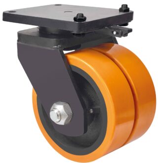 ALEX - RUEDA GIRATORIA.PLACA MEC.DIR.10HLRMD300-HUB HIERRO-POLIUR.NARANJA(DOBLE)BOLAS