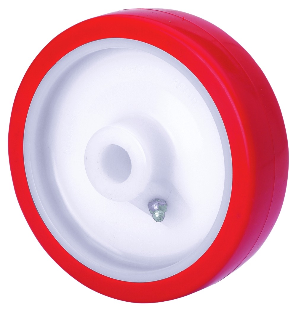 ALEX - RUEDA PO100-12-40 NUCLEO NYLON BLANCO Y BANDA POLIUR.ROJO EJE LISO