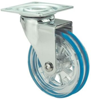 ALEX - RUEDA GIRATORIA.PLACA CROMADA PULIDA 10RD75 BANDA DOBLE POLIUR.AZUL EJE LISO