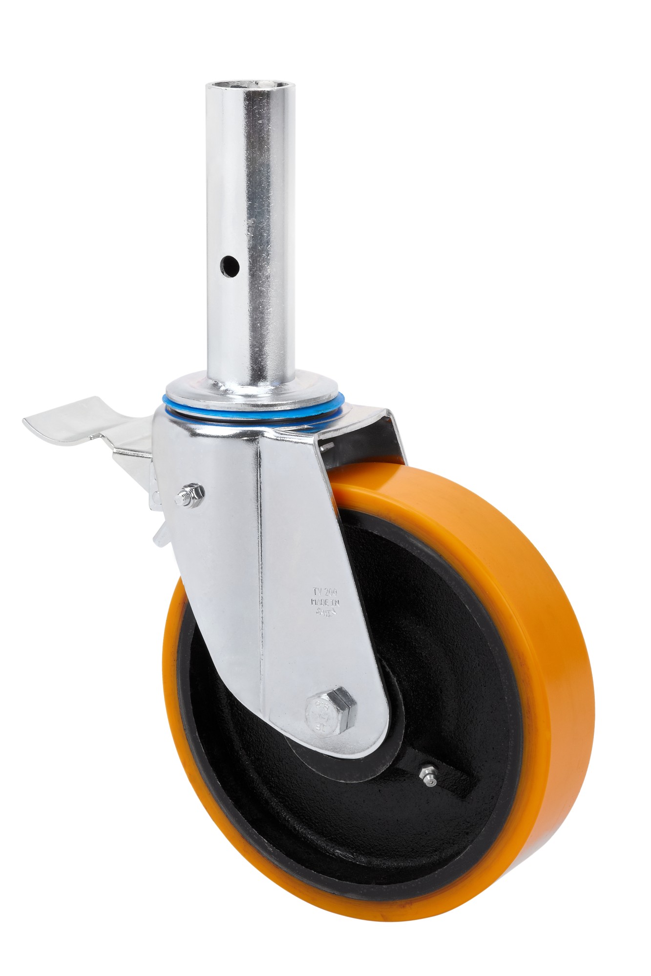 ALEX - RUEDA GIRATORIA.ANDAMIO FRENO 30TVAFD200-HUB HIERRO-POLIUR.NARANJA EJE BOLAS