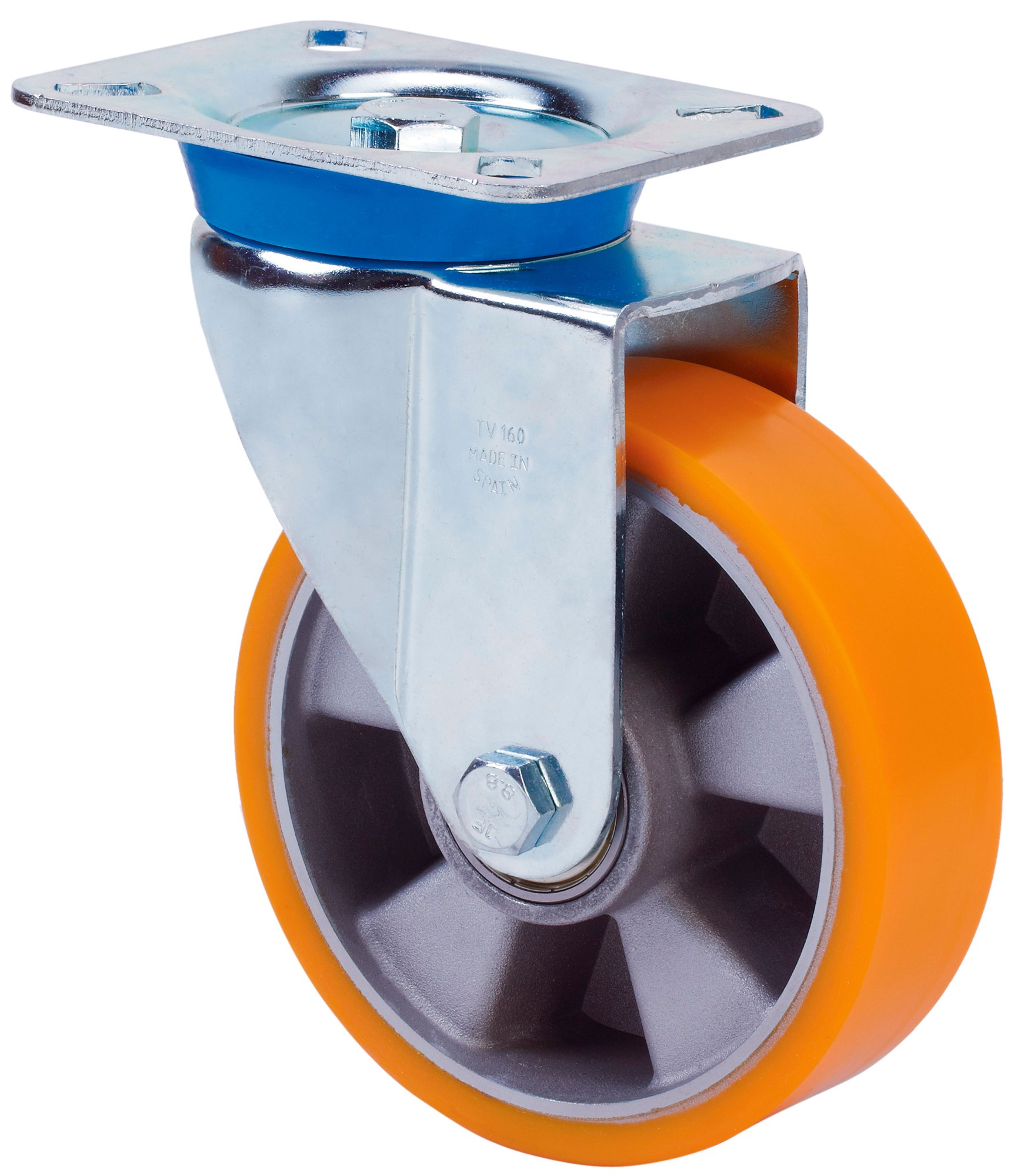 ALEX - RUEDA GIRATORIA.PLACA 10TV160-AUB ALUMINIO-POLIUR.NARANJA EJE BOLAS