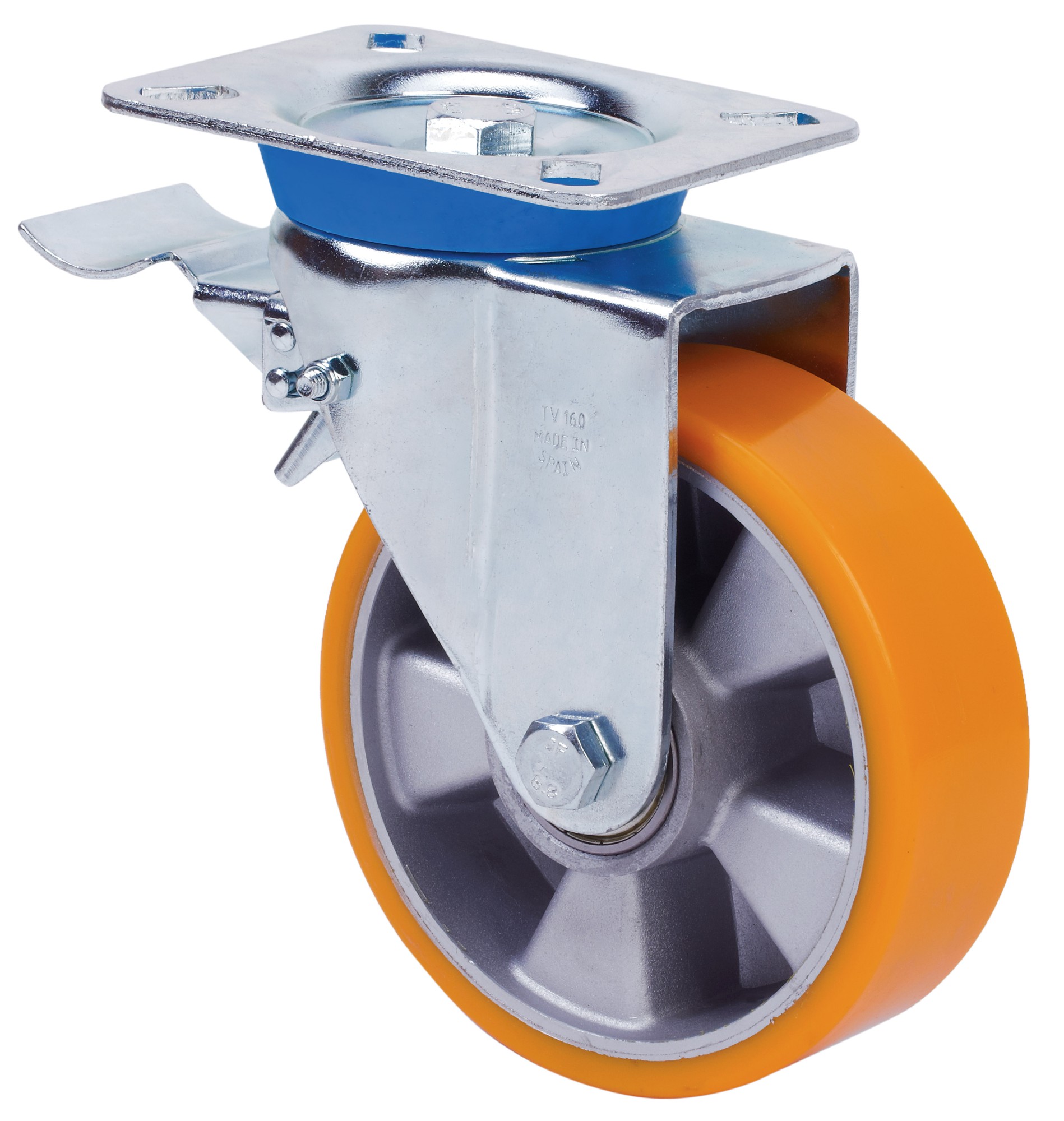 ALEX - RUEDA GIRATORIA.PLACA FRENO 10TVFD160-AUB ALUMINIO-POLIUR.NARANJA EJE BOLAS