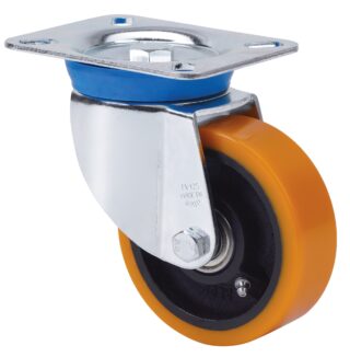 ALEX - RUEDA GIRATORIA.PLACA 10TV150-HUB HIERRO-POLIUR.NARANJA EJE BOLAS