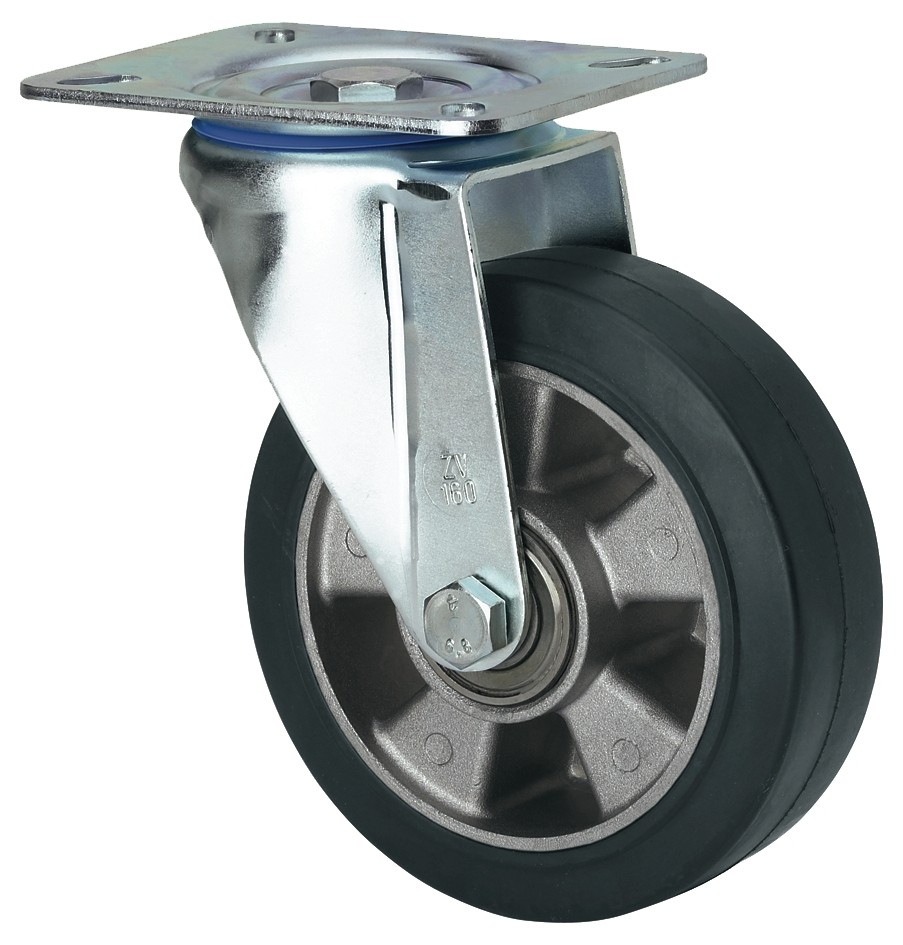 ALEX - RUEDA GIRATORIA.PLACA 10ZV200-DEB ALUMINIO-GOMA NEGRA ELASTICA EJE BOLAS