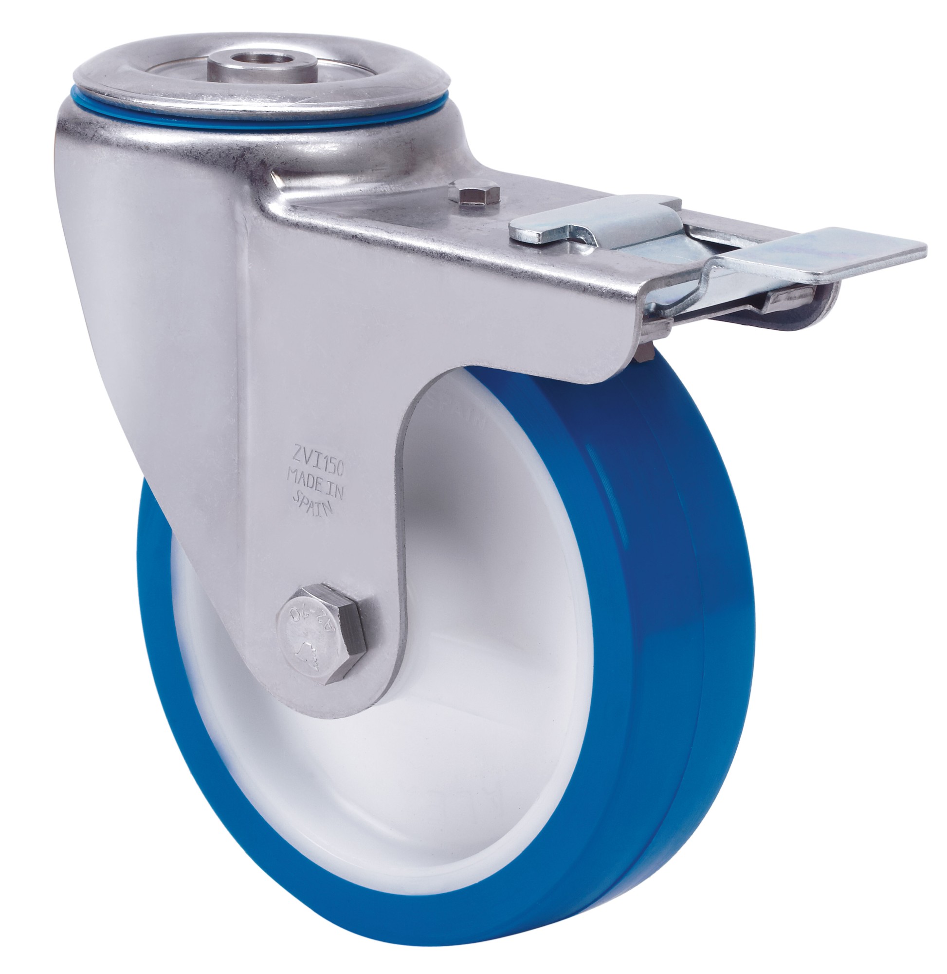 ALEX - RUEDA GIRATORIA.AGUJ.M12 FRENO 20ZVFD150-POAR POLIAMIX BLANCO-POLIUR.AZUL ROD.