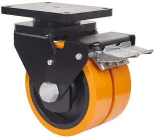 ALEX - RUEDA GIRATORIA.PLACA FRENO 10HLRFN300-HUB HIERRO-POLIUR.NARANJA(DOBLE)BOLAS