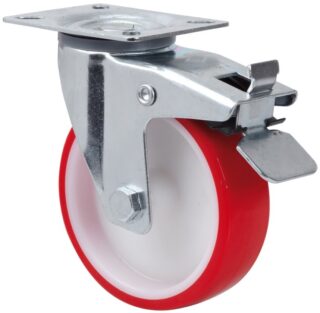 ALEX - RUEDA GIRATORIA.PLACA FRENO 140.1-200-3 NYLON BLANCO-POLIUR.ROJO EJE LISO