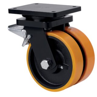 ALEX - RUEDA GIRATORIA.PLACA FRENO 10HLGFD250-HUB HIERRO-POLIUR.NARANJA(DOBLE) BOLAS