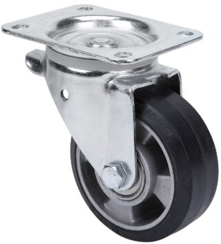 ALEX - RUEDA GIRATORIA.PLACA 111-125-1 ALUMINIO-GOMA NEGRA ELASTICA EJE BOLAS