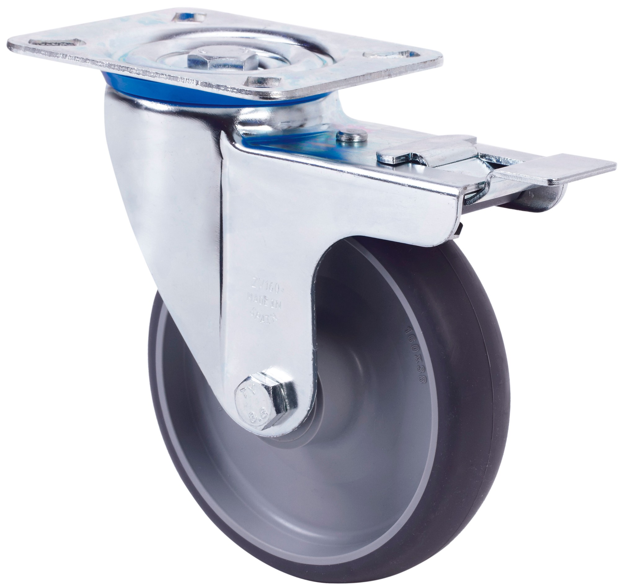 ALEX - RUEDA GIRATORIA.PLACA FRENO 10ZVFD160-PGZN POLIAMIX-GOMA GRIS INYECT.EJE LISO