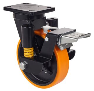 ALEX - RUEDA GIRATORIA.PLACA FR.10HLSEFN150-HUB SUSPENSION HIERRO-POLIUR.NARANJ.BOLAS