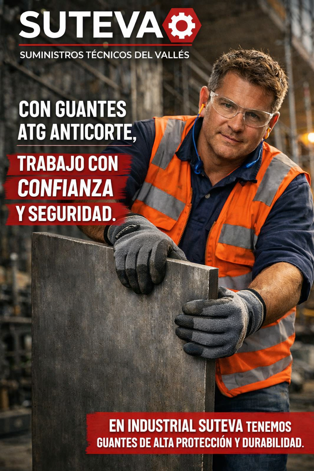 Trabajador industrial con guantes anticorte ATG de Suteva sosteniendo una placa pesada