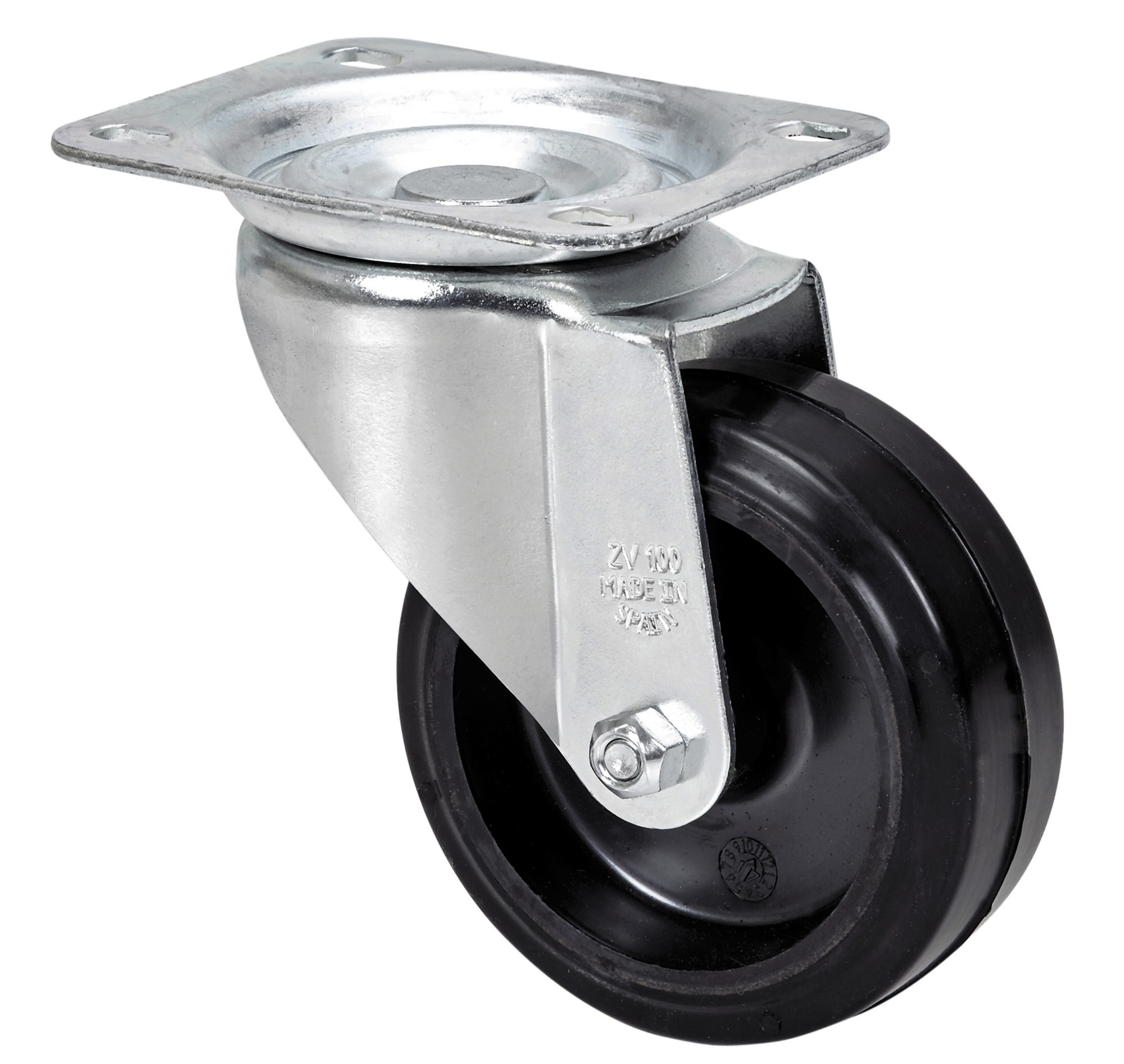 ALEX - RUEDA GIRATORIA.PLACA INOX.10ZVLI100-THG GOMA NEGRA TECNOPOLIMERO EJE LISO