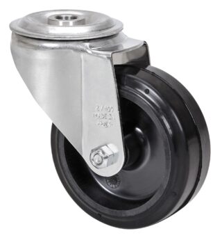 ALEX - RUEDA GIRATORIA.AGUJERO M12 INOX.20ZVLI100-THG GOMA NEGRA TECNOPOLIMERO LISO